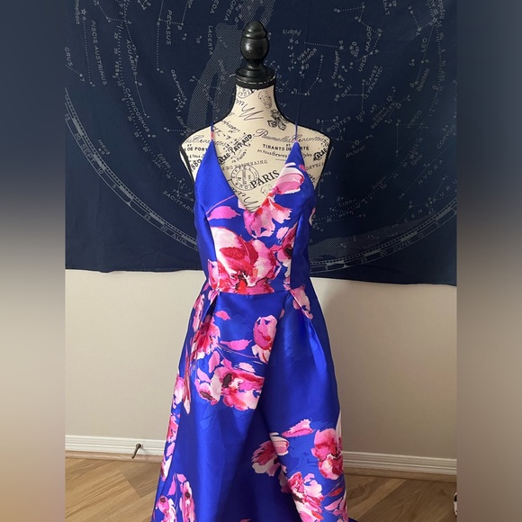 Royal Blue & Pink Floral Satin Gown – Juniors Size 11 - Picture 2 of 6